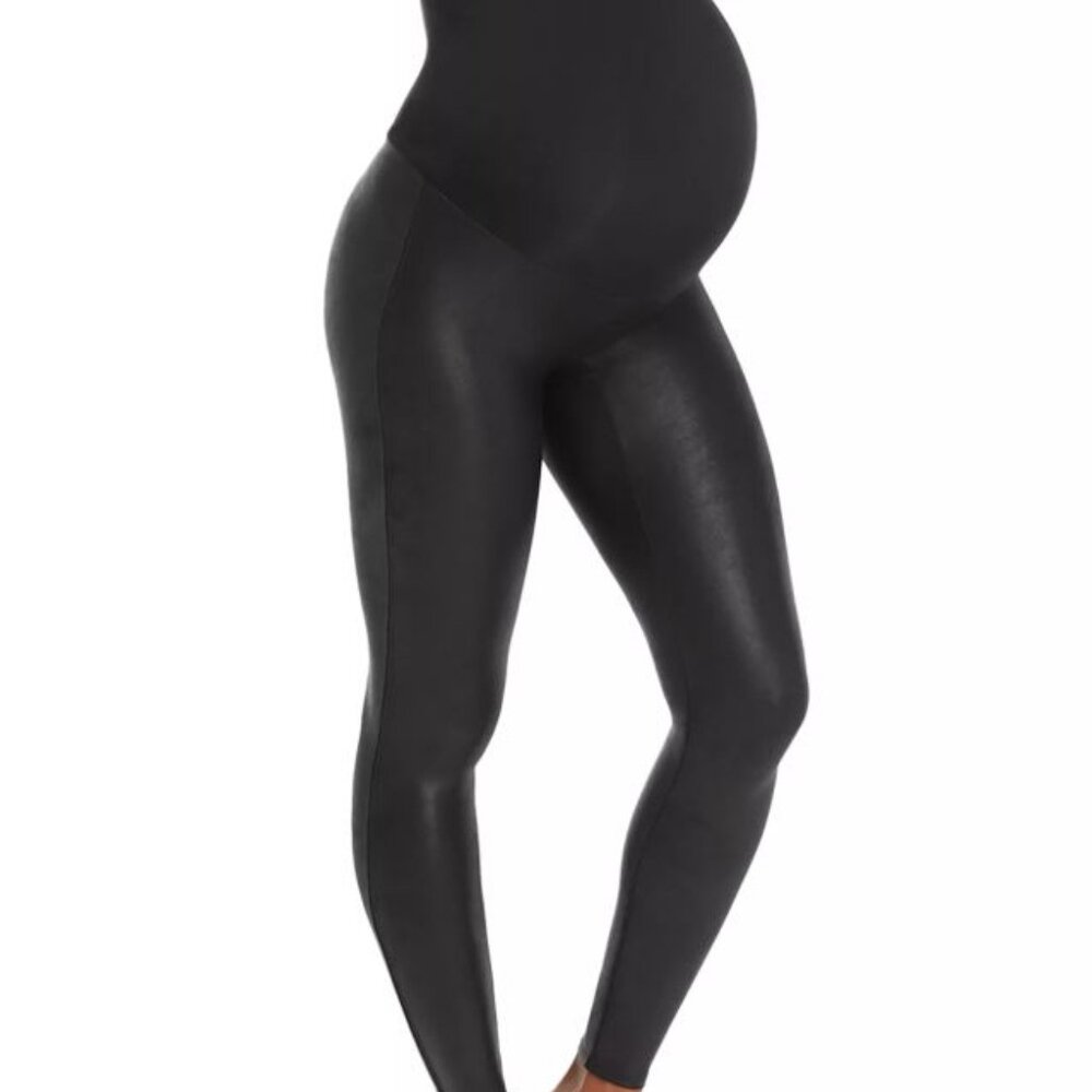 Spanx Black Mama Maternity Faux Leather High Waisted Leggings Size L